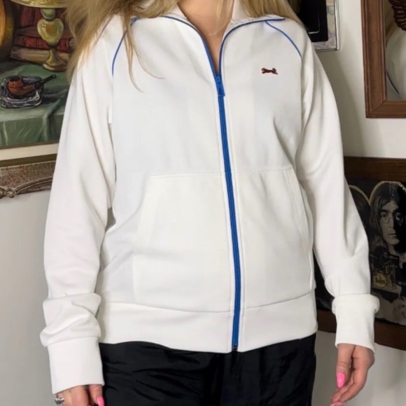 Vintage Men’s Le Tigre Cotton Track Jacket in White and Blue - Zip Up - Medium - Picture 5 of 10